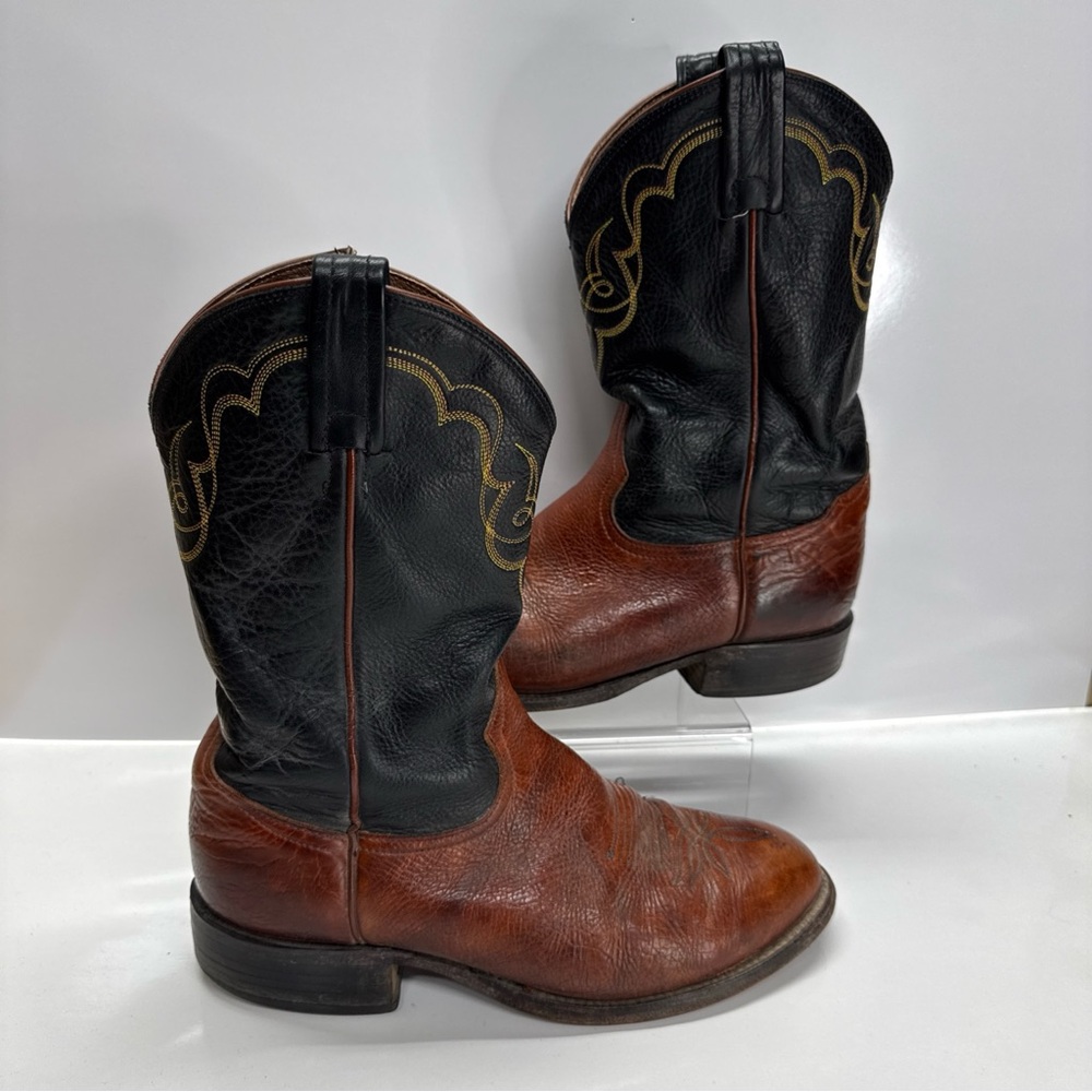 Tony Lama El Paso Texas Style CT459 Brown & Black Leather Cowboy Boots Size 7.5D